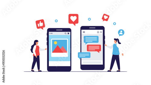 Two young women interacting with social media features on giant mobile smartphones including chat bubbles, photos, and like icons.