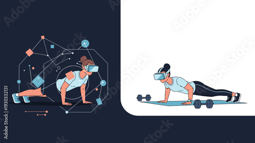 Active woman performing pushup exercises at home while wearing a virtual reality headset for an immersive fitness training experience.