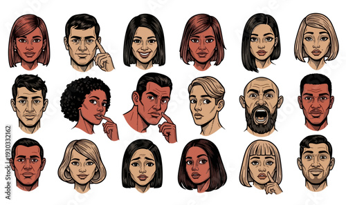Diverse cartoon character portraits with various expressions on white background