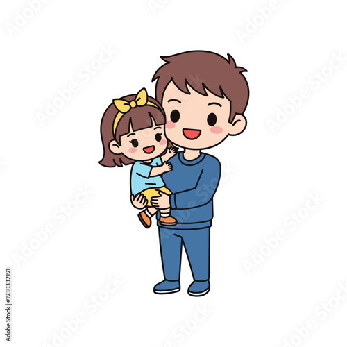 A cheerful cartoon illustration of a young boy wearing a blue outfit holding a happy little girl with a yellow bow in her hair