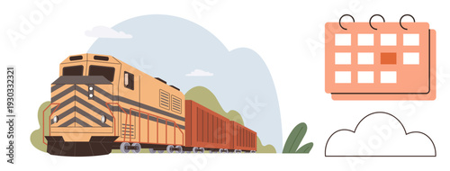 Transportation, logistics, time management, freight delivery, scheduling, productivity. A freight train with cargo wagons, a calendar icon and a cloud outline. Transportation and logistics