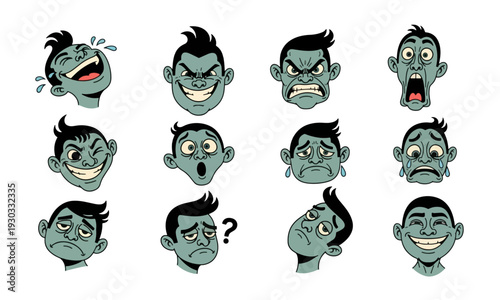 Cartoon character showing various facial expressions on white background