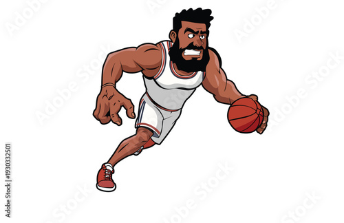 Basketball sport action concept illustration. Scene of a strong professional athlete dribbling the ball in aggressive motion symbolizing competition, power, determination and championship performance.