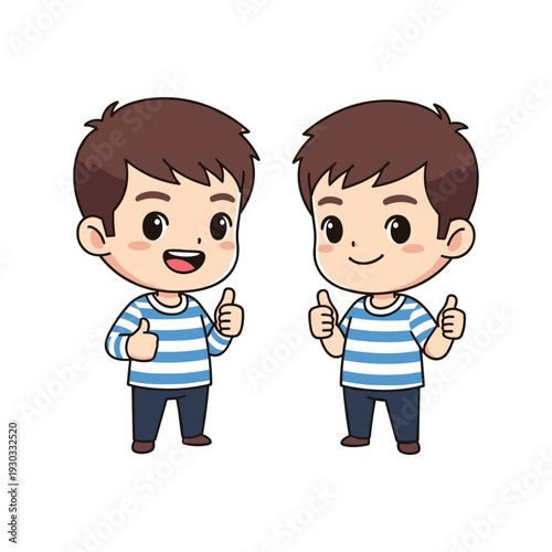 Two identical happy cartoon twin boys wearing striped shirts and giving thumbs up