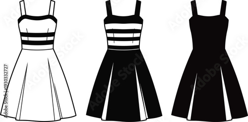 Three variations of sleeveless dresses with different color schemes