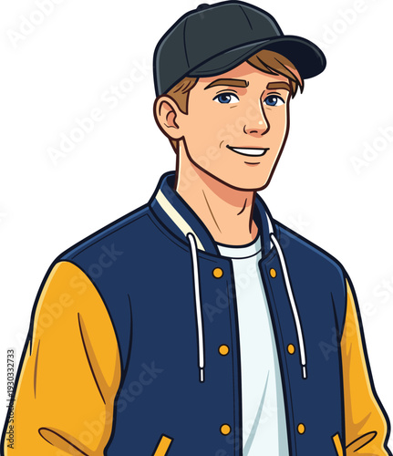 Smiling young man portrait wearing baseball cap and varsity jacket casual fashion cartoon vector illustration isolated on white