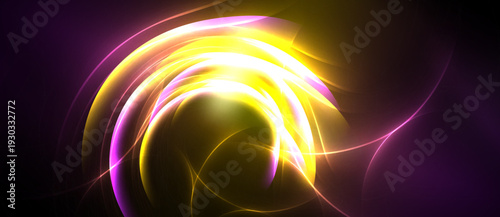Bright swirling lights form abstract shapes. Vivid yellow, pink hues contrast dark background. Energetic, dynamic visual composition.