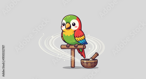 Colorful parrot sits on a wooden perch next to a mortar and pestle vector eps illustration.