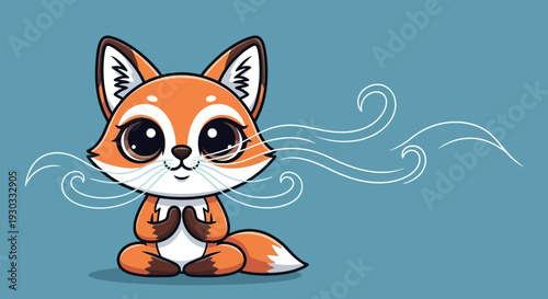 Cute cartoon vector fox sits cross-legged in eps file with swirling wind.