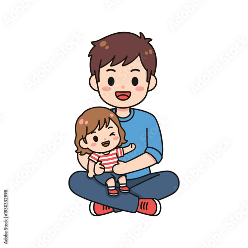 A smiling young man wearing a blue sweater and red sneakers is sitting and happily holding a small child