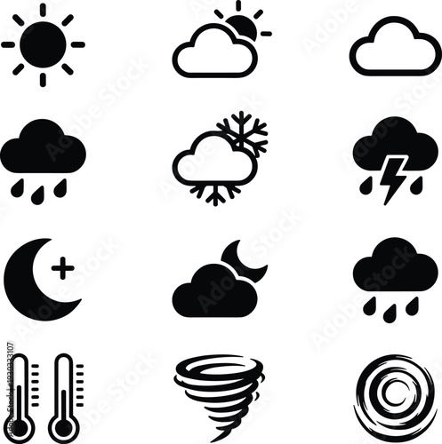 Weather Icon Set Including Sun Cloud Rain Thunder Snow Tornado and Temperature Symbols Black Flat Vector Illustration Collection