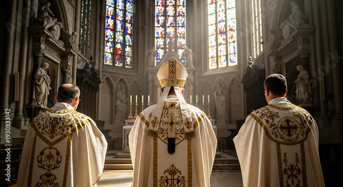 Trio of religious clergymen standing inside a historic cathedral interior wearing ornate white and gold embroidered vestments while participating in a traditional catholic liturgy ceremony.