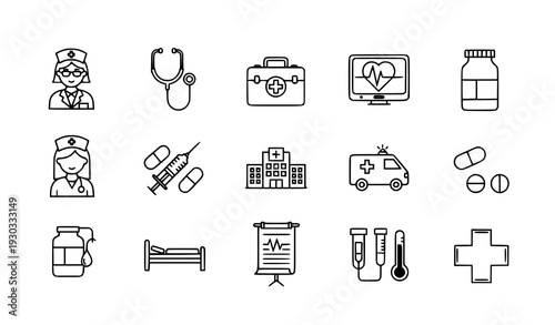 Medical Care Thin Line Icon Set Vector – Healthcare and Hospital Symbols
