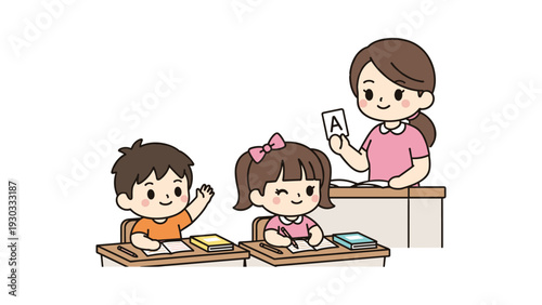 A teacher holding a paper with an 'A' grade while two young students study at their desks