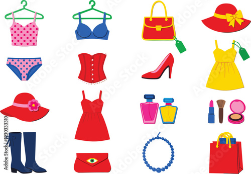 Women Fashion and Accessories Icon Set with Dresses Handbag Heels Cosmetics Jewelry and Lingerie Vector IllustrationWomen Fashion and Accessories Icon Set