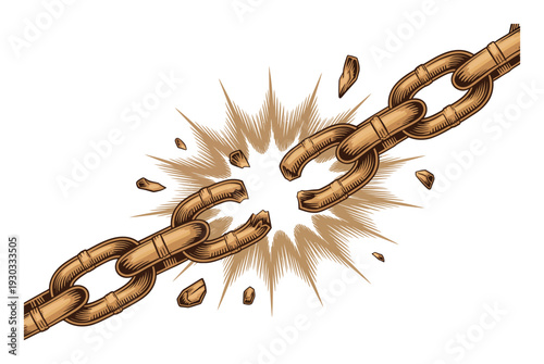 A broken chain with fragments flying outwards, symbolizing freedom and strength