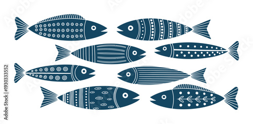 A School of Stylized Blue Fish with White Patterns on a White Background