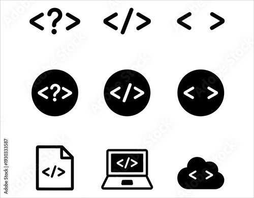 Web Programming and Coding Icon Set with Software Development and HTML Tag Symbols Vector Illustration.