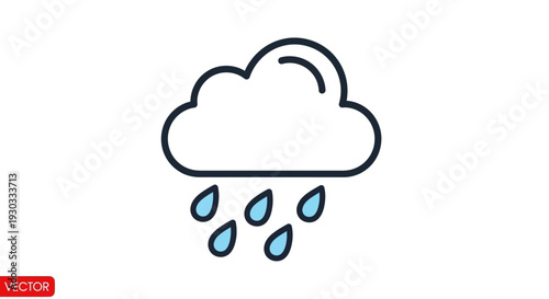 A simple line drawing of a cloud with raindrops falling from it on a white background.