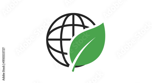 Vector illustration of a green leaf overlapping a black globe icon on a white background, symbolizing eco-friendliness and sustainability.
