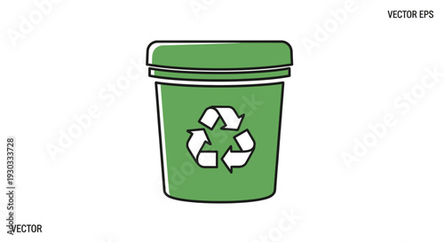 Vector illustration of a green recycling bin with a recycling symbol on the side and a closed lid on a white background.