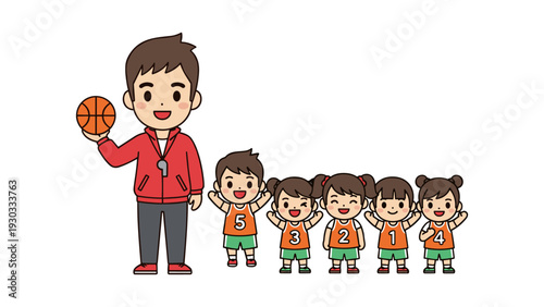 A cheerful basketball coach with a whistle holding a basketball next to a group of enthusiastic children in matching uniforms