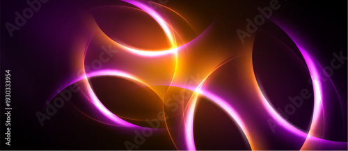 Abstract vibrant light curves blend, creating dynamic energy. Purple, orange hues dominate dark background. Smooth gradients suggest movement.