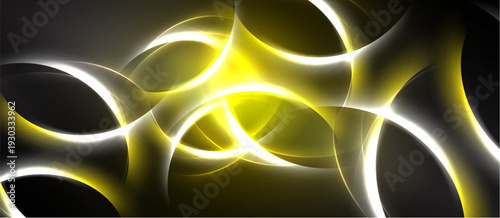 Abstract design features flowing yellow, white lines against dark background. Curves intersect creating dynamic visual effect. Brightness contrasts sharply.