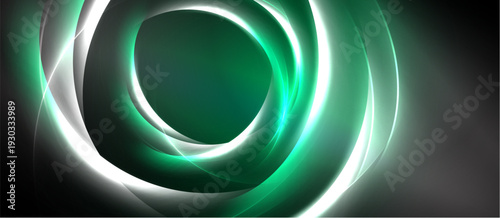 Abstract swirls, vibrant green hues, white lines create circular motion. Dark background emphasizes luminosity, modern design element.
