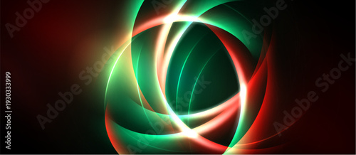 Abstract swirls, vibrant colors blend. Red, green, white create dynamic circular forms. Dark background emphasizes glowing energy.