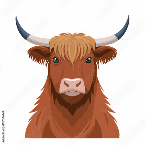 Highland cow with long hair and horns in a simple design