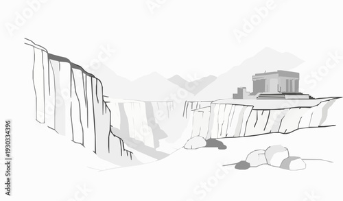 Minimal Mountain Landscape Outline with Ancient Temple Linear Vector Illustration
