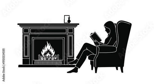 Cozy woman reading a book by a warm fireplace, enjoying a peaceful moment indoors.