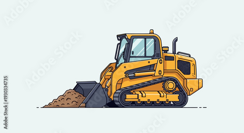 A yellow tracked skid steer loader with a full bucket of dirt, isolated on a light background.