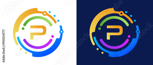 Modern letter “P” logo with circular abstract elements and colorful gradient design,