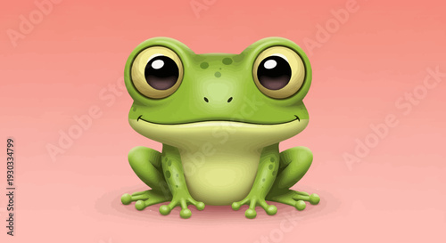 A cute, cartoon-style green frog with large, expressive eyes sits facing forward against a soft pink background.