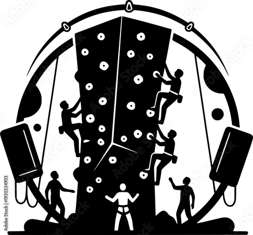 People climbing an indoor rock wall. Black and white vector illustration of climbers at a bouldering gym with safety gear. Concept of extreme sports, fitness, teamwork, and active lifestyle.