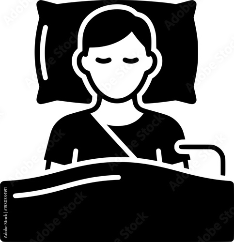 Man sleeping peacefully in bed with a pillow and blanket. Black and white vector illustration of a person resting. Concept for sleep hygiene, sweet dreams, bedroom comfort, and relaxation.