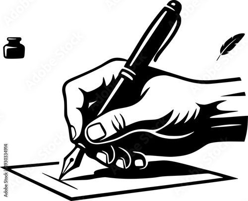 Hand writing with a fountain pen on paper. Black and white vector illustration with inkwell and feather icons. Concept of literature, signature, education, and classic correspondence.