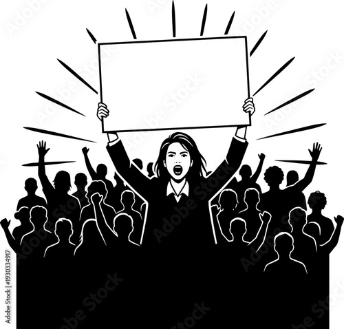 Woman leading a protest holding a blank sign. Crowd of silhouettes cheering and raising hands. Black and white vector illustration for activism, revolution, social justice, and democracy.
