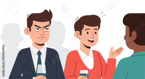 Two men in suits at a social gathering, one looking upset while the other is engaged in conversation.