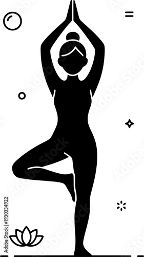 Silhouette of a woman practicing yoga in tree pose (Vrksasana). Black and white vector with lotus flower and zen elements. Concept of balance, meditation, mindfulness, and wellness.