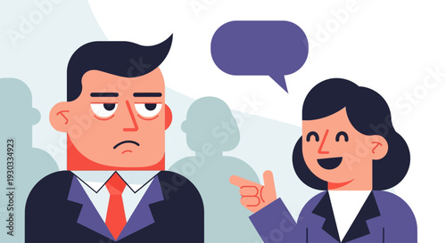 A man with a grumpy expression listens to a woman who is enthusiastically talking to him.