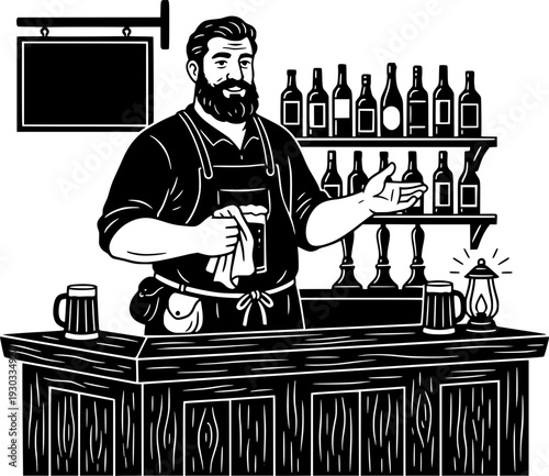 Bearded bartender or barman standing behind a wooden counter in a vintage pub. Hand drawn vector illustration with bottles on shelves. Concept of hospitality, craft beer, and tavern.