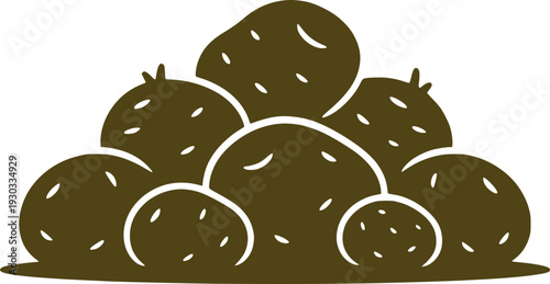 Pile of fresh raw potatoes. Brown vector silhouette of organic tubers. Concept of harvest, agriculture, grocery, healthy carbohydrates, and farm-to-table ingredients.