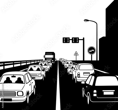 Traffic jam on a highway city road. Black and white vector illustration of cars stuck in a queue. Concept of urban congestion, rush hour, commute stress, and transportation problems.