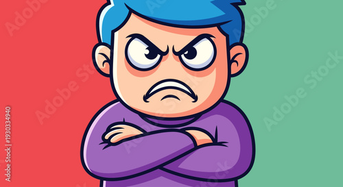 A cartoon illustration of an angry young boy with blue hair and arms crossed.