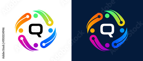 Modern letter “Q” logo with a digital technology and connectivity concept Circular abstract design featuring vibrant gradient elements that symbolize innovation