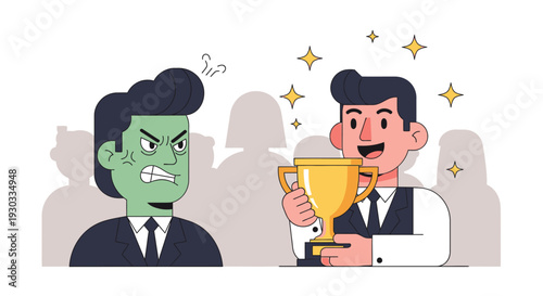 A man proudly holding a trophy while another man looks on with intense anger and jealousy.