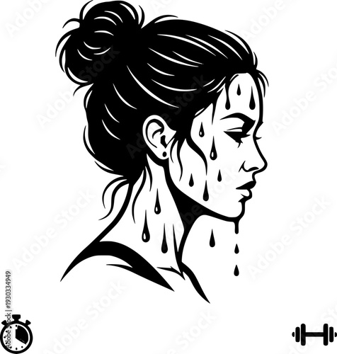 Sweating woman profile after workout. Vector illustration of a girl with sweat drops on her face, bun hairstyle. Concept for fitness, exercise effort, gym training, and heat.